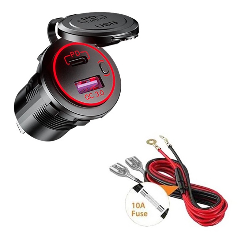 Ổ Cắm Sạc Nhanh QC 3.0 12V Cổng USB Type C Có Công Tắc ON/Off Màu Đỏ Cho Xe Hơi Xe Máy RV ATV
