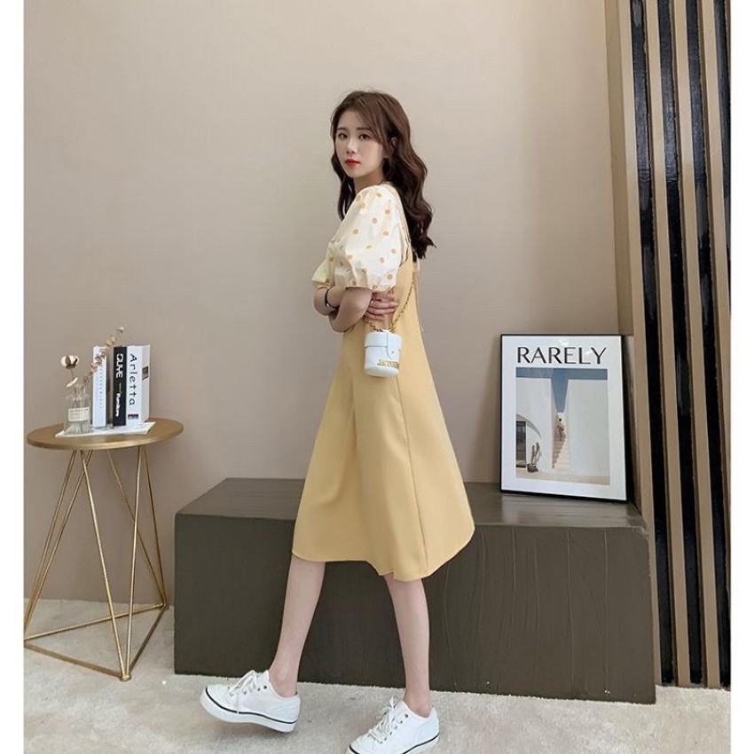 (XẢ LỖ )Đầm bầu-váy bầu chất cát hàn siêu mát không nhăn vai chấm bi cách điệu Q0003