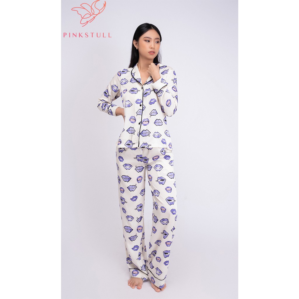 Bộ đồ ngủ Pijama PinkStull tay dài quần dài họa tiết môi tím