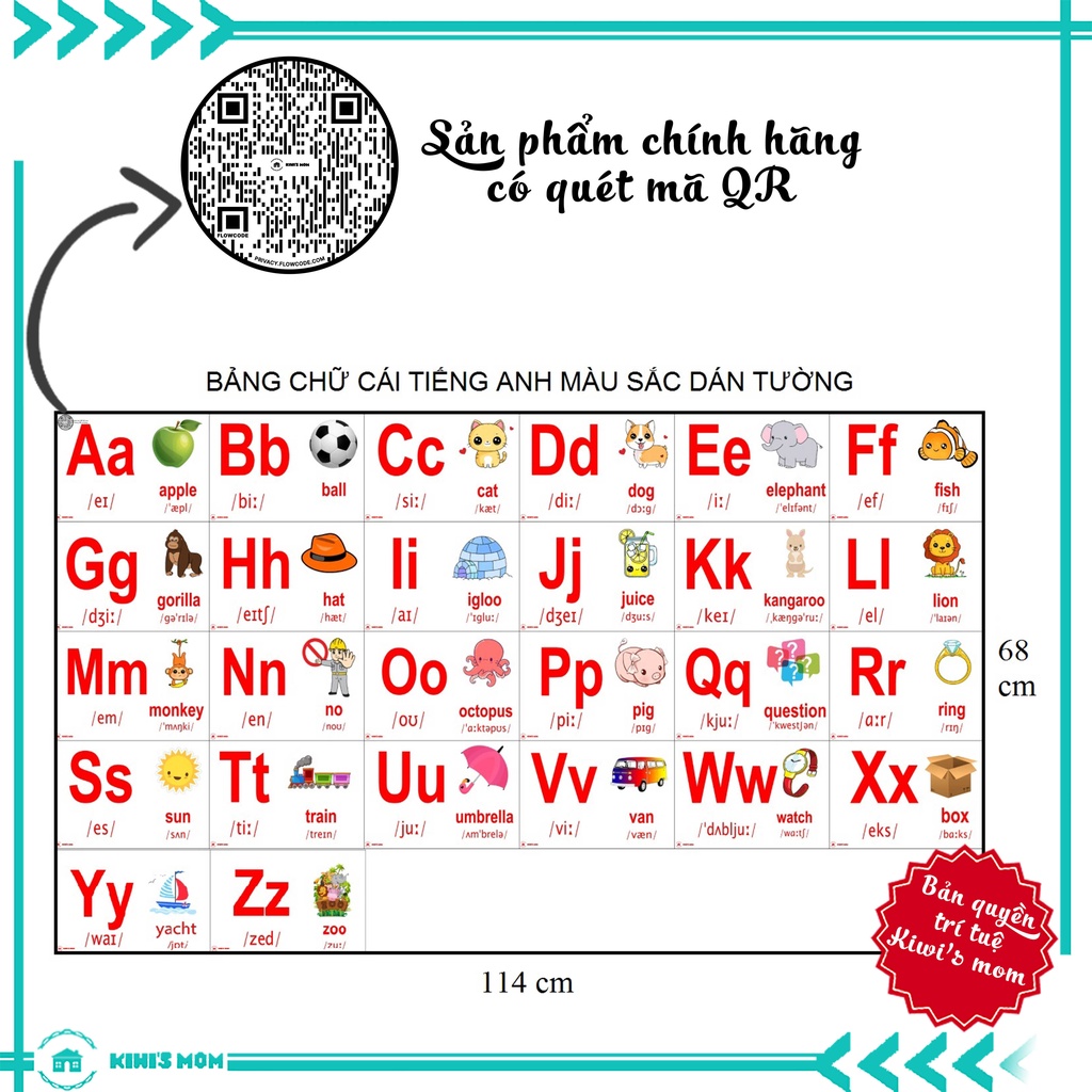 DECAL Bảng chữ cái màu sắc KIWI'S MOM 4 lớp cao cấp chống nước