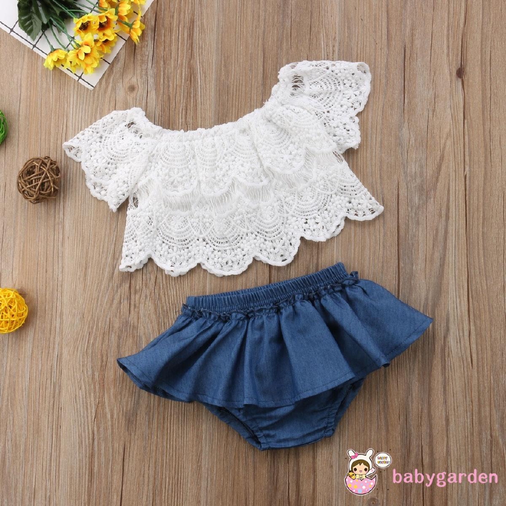 Bộ trang phục 2 món cho bé gái 0-3 tuổi, Áo ren hở vai xù xì + Bộ quần short váy Tutu Denim