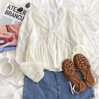Áo Sơ Mi Chiffon Xếp Ly Dáng Rộng Tay Dài Phong Cách Hàn Quốc Baju Baju Wanita Lengan Panjang Hàng Mới Có Sẵn