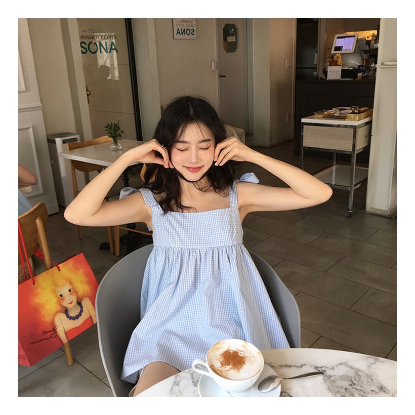 Sét babydoll 2 dây kẻ xanh sốp kèm quần sooc trắng (Hàng sẵn ảnh thật)
