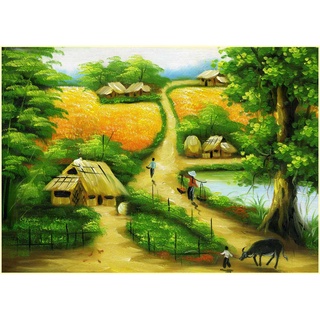 Tranh Dán Tường 3D Đồng Quê Ruộng Lúa Chín Thơm, mùa gặt tại các làng quê nông thôn