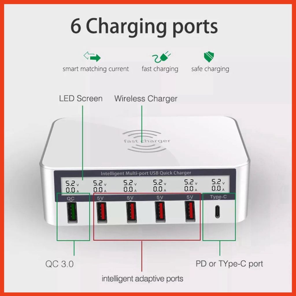 Bộ sạc nhanh 40W 818F, sạc không dây 10W, 6 cổng USB-A, QC3.0, Type-C