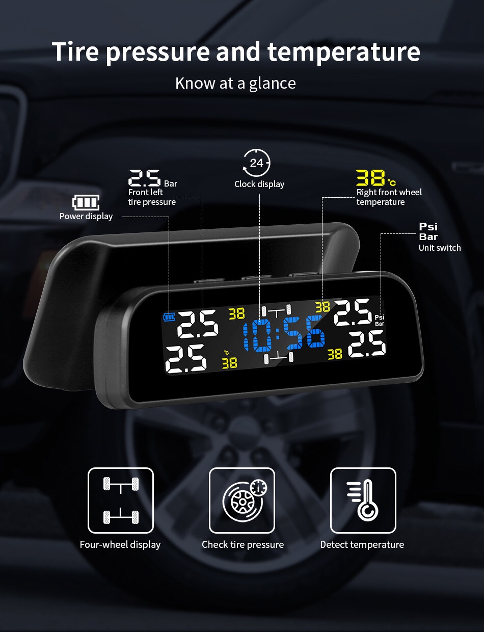 Mô tả Hệ Thống Giám Sát Áp Suất Lốp Xe Hơi TPMS Thông Minh Sạc Năng Lượng Mặt Trời Tự Động Màn Hình LCD Với 4 Cảm Biến - 7