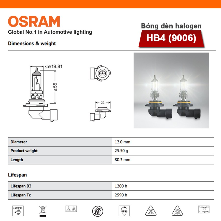 Bóng Đèn Halogen OSRAM Original HB4 12V 51W (Chân Cong)