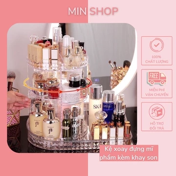 [MỚI] KỆ ĐỰNG MỸ PHẦM XOAY 360 ĐỘ KÈM KHAY SON CHẤT LIỆU MIKA CAO CẤP- TUỲ CHỈNH