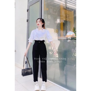 SET ÁO TRẮNG CỔ BÈO QUẦN ĐEN SUÔNG LƯNG CAO❤HÀNG SẴN SQD1209