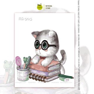 Tranh tô màu số hóa Madoca có khung 40x50cm Mèo đọc sách T903