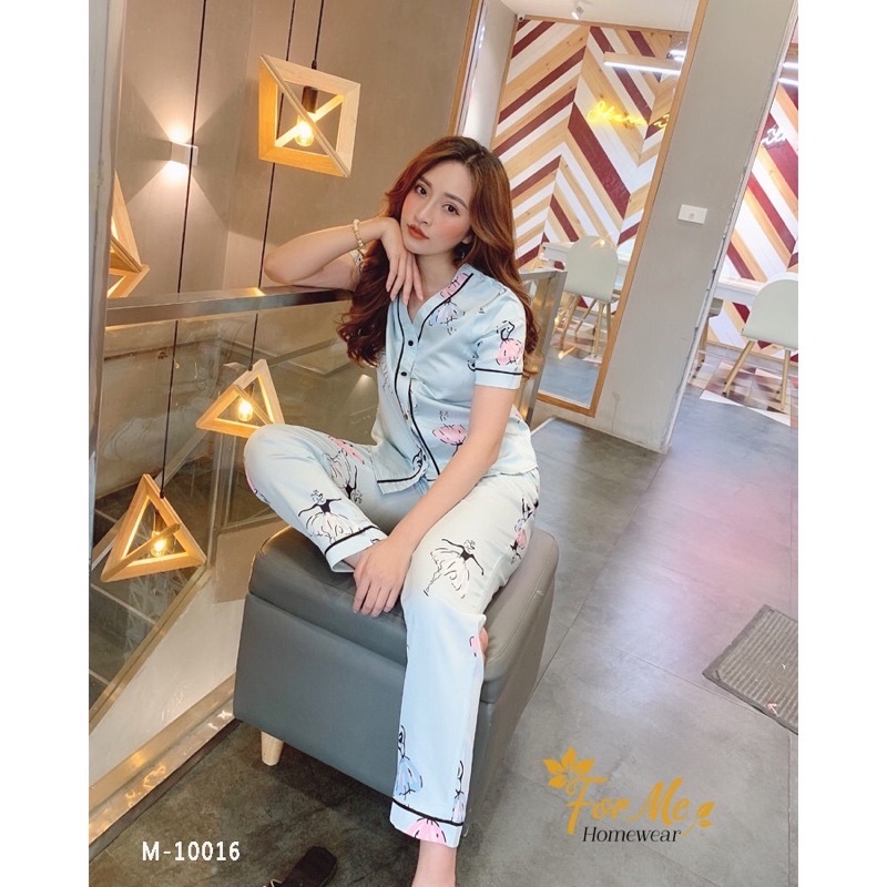 Bộ đồ ngủ,mặc nhà pizama quần dài tay ngắn màu xanh hoạ tiết Cô Gái - chất liệu lụa giấy cao cấp Luxury hãng forMe