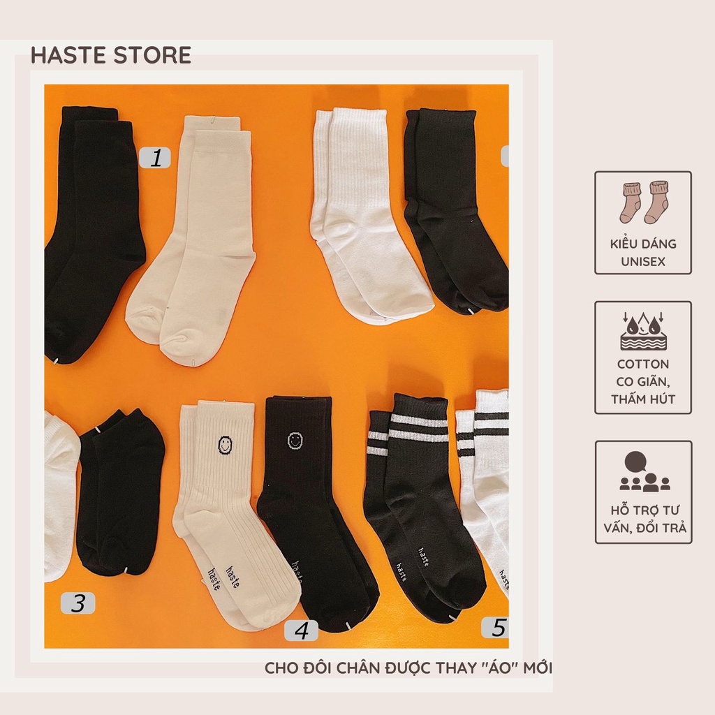 Tất Vớ Nam Nữ Haste Cổ Cao Thấp Ngắn Trơn Trắng Đen Họa Tiết Đơn Giản Phong Cách Nhật Hàn Chất Cotton Mềm Mại Êm Chân