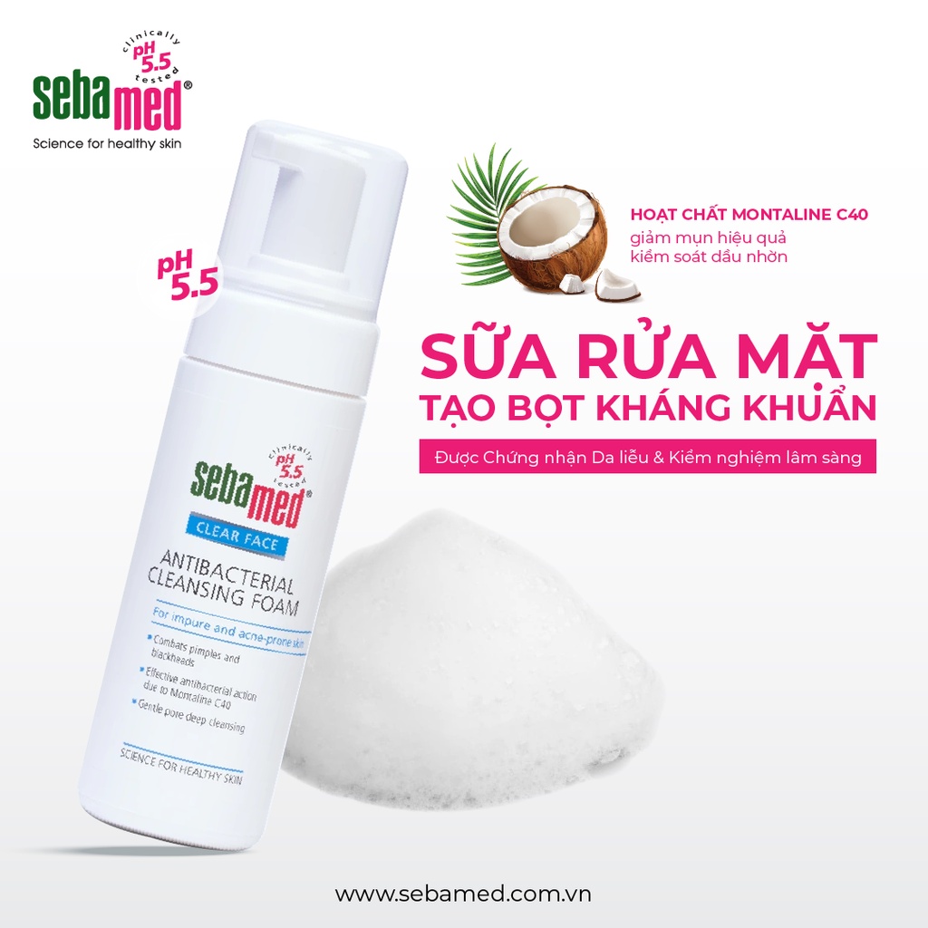 Ảnh Sữa rửa mặt tạo bọt kháng khuẩn giảm mụn Sebamed Antibacterial Cleansing Foam pH5.5 (50ml) 2