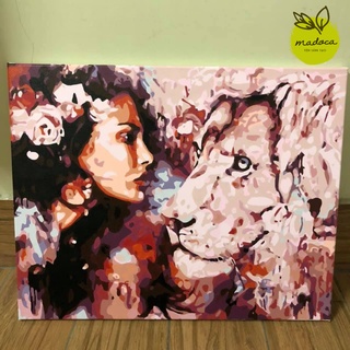 Tranh tô màu theo số hóa Madoca có khung 40x50cm cô gái và sói hoa T2053