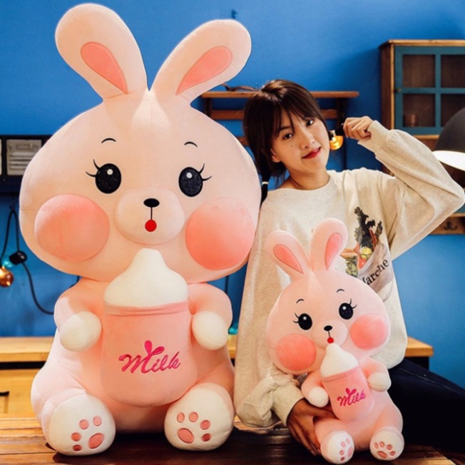 Gấu Bông, Thỏ Bông Ôm Bình Sữa Siêu To, Thỏ Hồng Milk Hot Trend Babi Mama G34