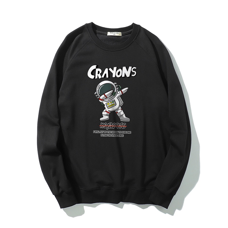 Áo sweater nam form rộng HappyFamily Crayons phi hành gia vải nỉ da cá 100 cotton 3 màu Xám Đen Trắng