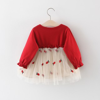 Váy bé gái dài tay thêu quả thơm vải thun cotton phong cách Hàn Quốc D602