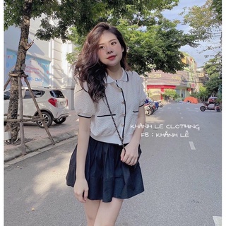 Áo len xốp viền đen trắng, chất len mongtoghi tay cộc 230