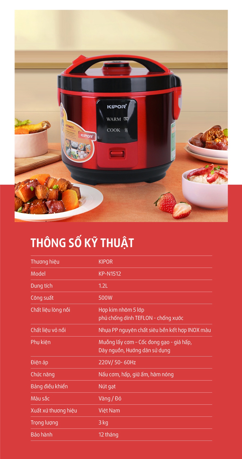 Mô tả Nồi cơm điện KIPOR KP-N1512 - 1.2L - Nồi cơ chống dính TEFLON 5 lớp dầy 3mm nặng 690G - Bảo hành tại nhà 12 tháng - 7