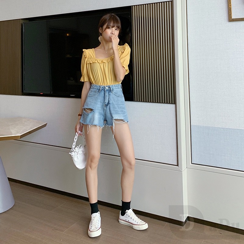 Ảnh Quần Short Jeans Denim Lưng Cao Phối Rách Cá Tính 2