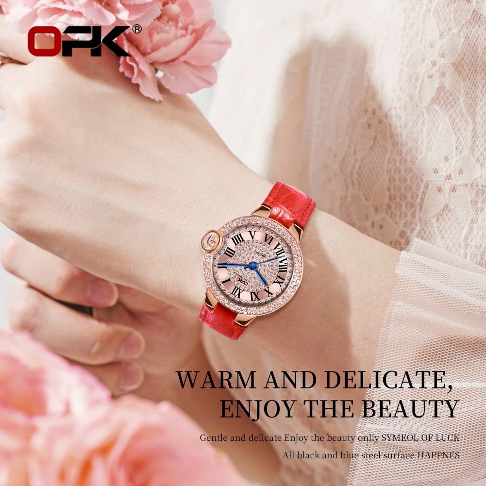 Đồng hồ nữ OPK 8615 dây da hiệu ứng phát sáng chống nước sâu cho