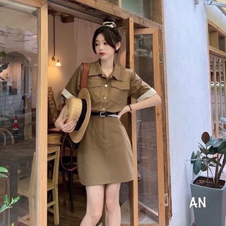 [233] Váy Sơmi Kaki Nâu Cổ Bẻ Tay Phối Trắng Kèm Đai Có Ảnh Thật
