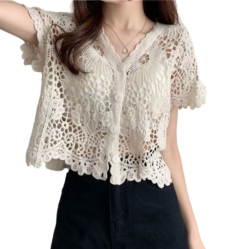 Wellb Nữ Tay Ngắn Ren Shrug Rỗng Móc Nút Sheer Crop Cardigan Cho Jack