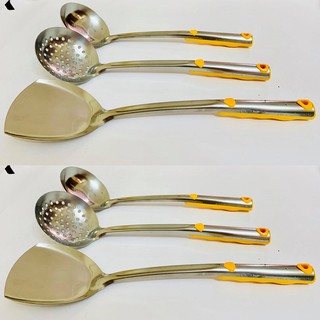 Bộ Muôi Inox Cao Cấp Cán Nhựa Vàng ( Muôi Thủng - Muôi Canh - Xẻng Xào)