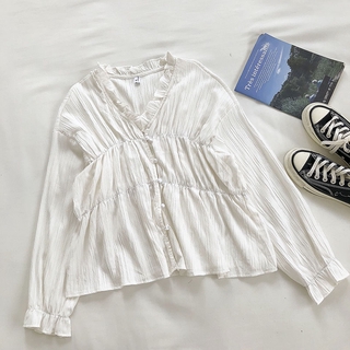 Áo Sơ Mi Nữ Tay Dài Phối Bèo Phong Cách vintage Hàn Quốc