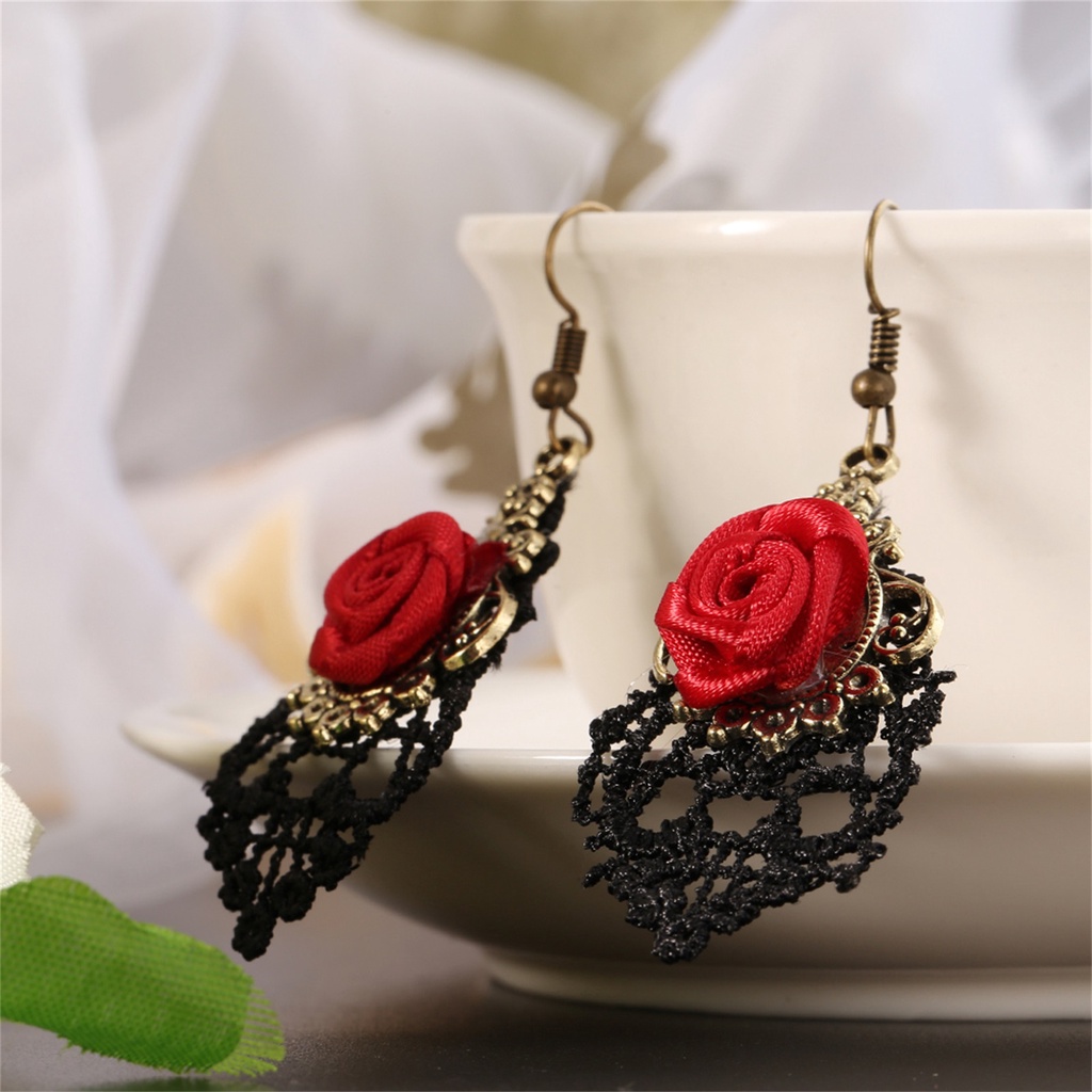 Đôi bông tai ren đen đính hoa hồng đỏ phong cách vintage thời trang dành cho nữ