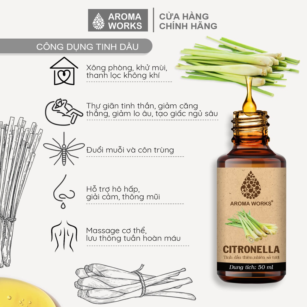 Ảnh Tinh dầu Sả tươi / Sả Java Aroma Works xông phòng, đuổi muỗi, thanh lọc không khí - Citronella 1