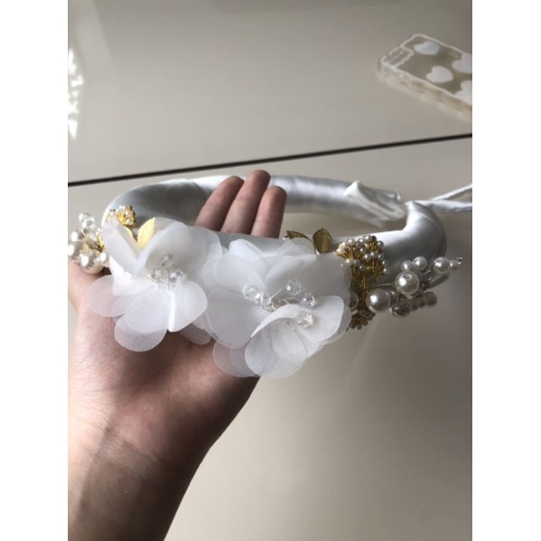 Mấn đội đầu cô dâu phối hoa voan và hạt ngọctrai cao cấp, vấn đội đầu áo dài, phụ kiện cô dâu, phụ kiện cưới