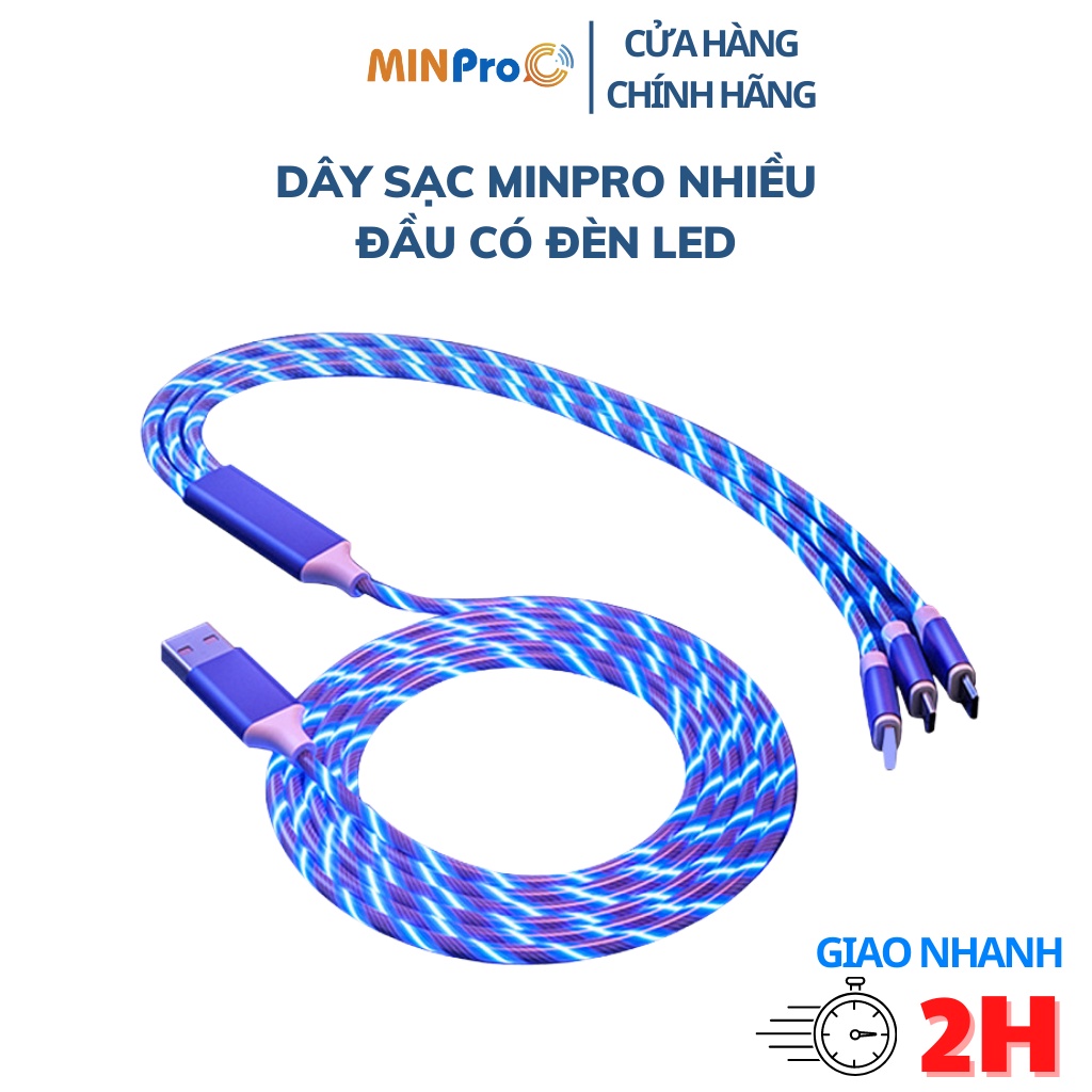 Dây sạc phát sáng MINPRO dây sạc nhanh 3 đầu micro usb, type-c hỗ trợ sạc nhanh