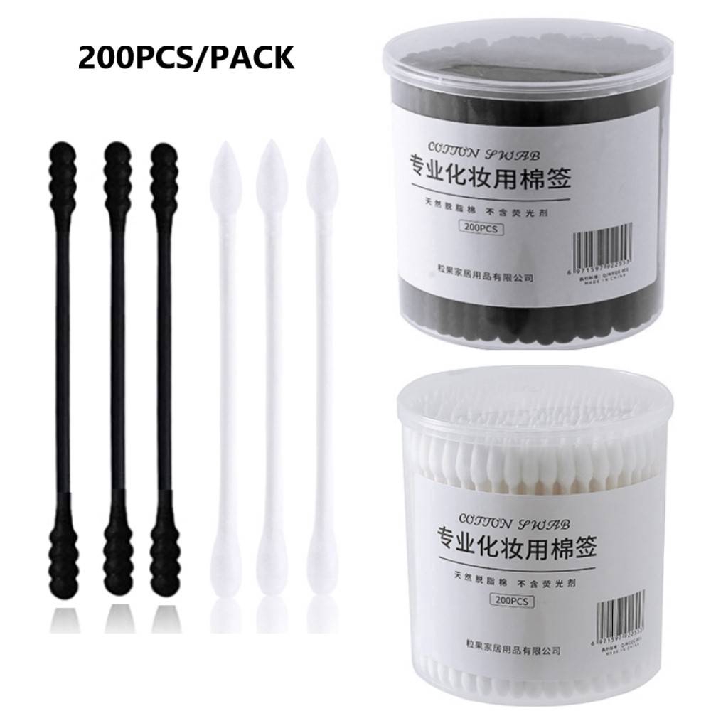 Set 200 Tăm Bông Hữu Cơ Đầu Xoắn/Tròn/Giọt Nước Tẩy Trang/Trang Điểm Dùng Một Lần Màu Trắng/Đen