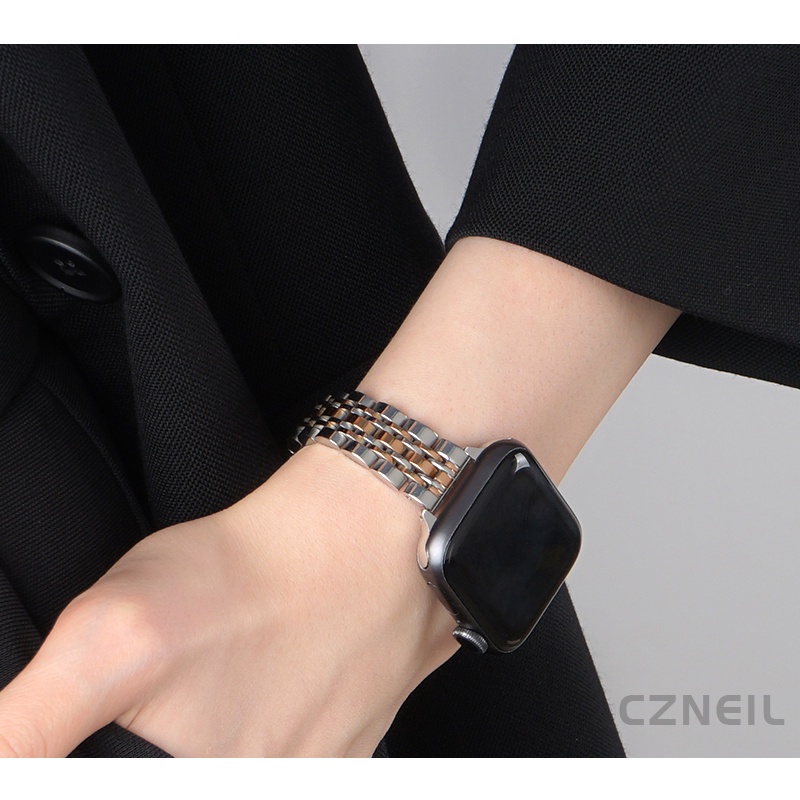 Nữ Bảy Hạt Thép Không Gỉ Tinh Tế Chống Phai Màu Ống Hút Chống Thấm Nước Cho Apple Watch S11 SE3 Ultra3 S10 S9 S8 SE S7 S6 Ultra 49mm 46mm 40mm 44mm 41mm 45mm Iwatch Band