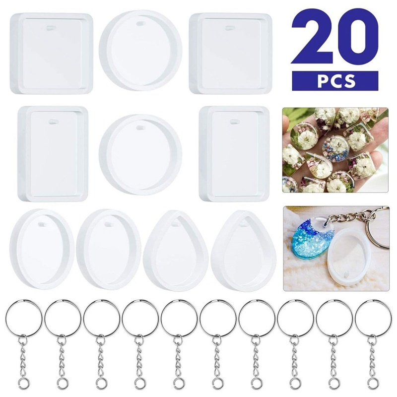 Set 20 Khuôn Làm Móc Khóa Nhựa resin epoxy Hình oval / Tròn / Giọt Nước Có Lỗ Treo