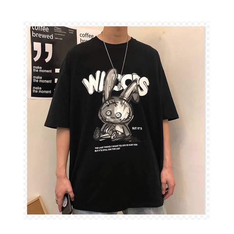 Áo Thun Nam Form Rộng HappyTee - Mẫu Graphic Thỏ WIOOPS Trẻ Trung Chất Vải Cotton 100 - 2 Màu Đen Trắng