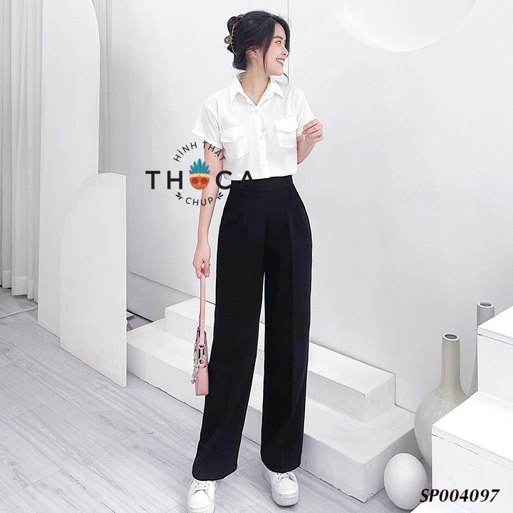 Ảnh Quần tây ống rộng lưng cao dây kéo bên THOCA HOUSE basic hack chân dài mặc công sở đi học đi chơi 3