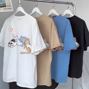 Áo thun unisex tay lỡ dáng rộng - con mèo lười biếng