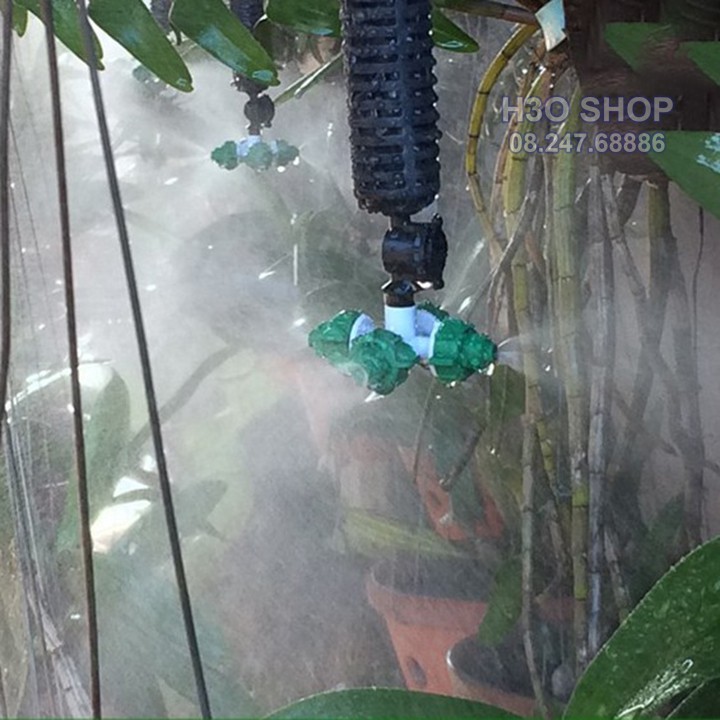 Béc Phun Sương Tưới Lan 4 Hướng Xanh - Nối Ren 21mm Kèm Van Chống Rỉ Nước