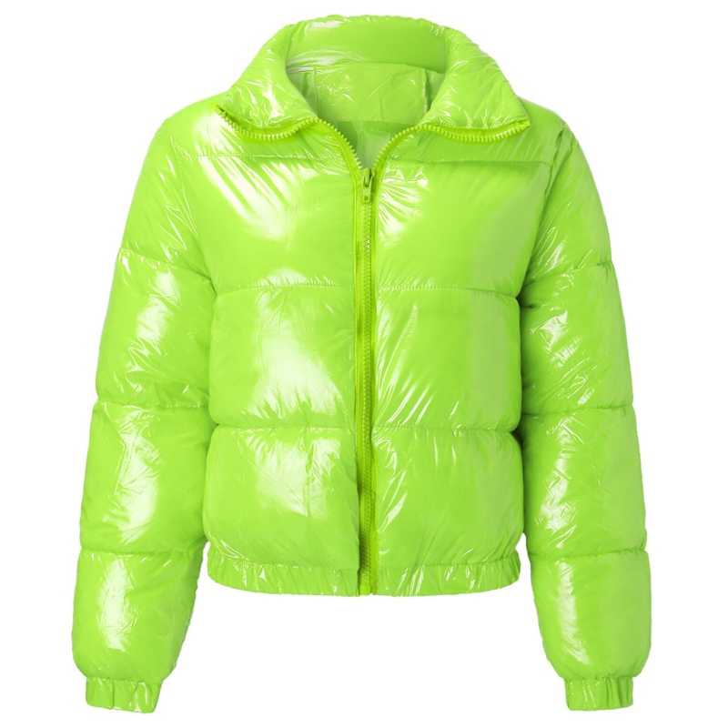 Áo khoác parka bọc kim loại giả da sáng bóng, tay dài, cổ đứng, thiết kếcrop