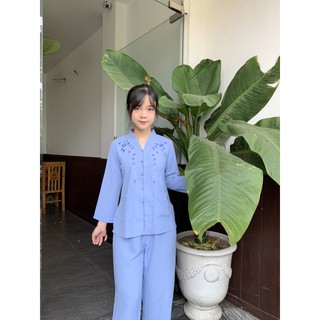 áo lam đi chùa, thời trang đi chùa, đồ cho người trung niên, cổ bà lai thêu sen