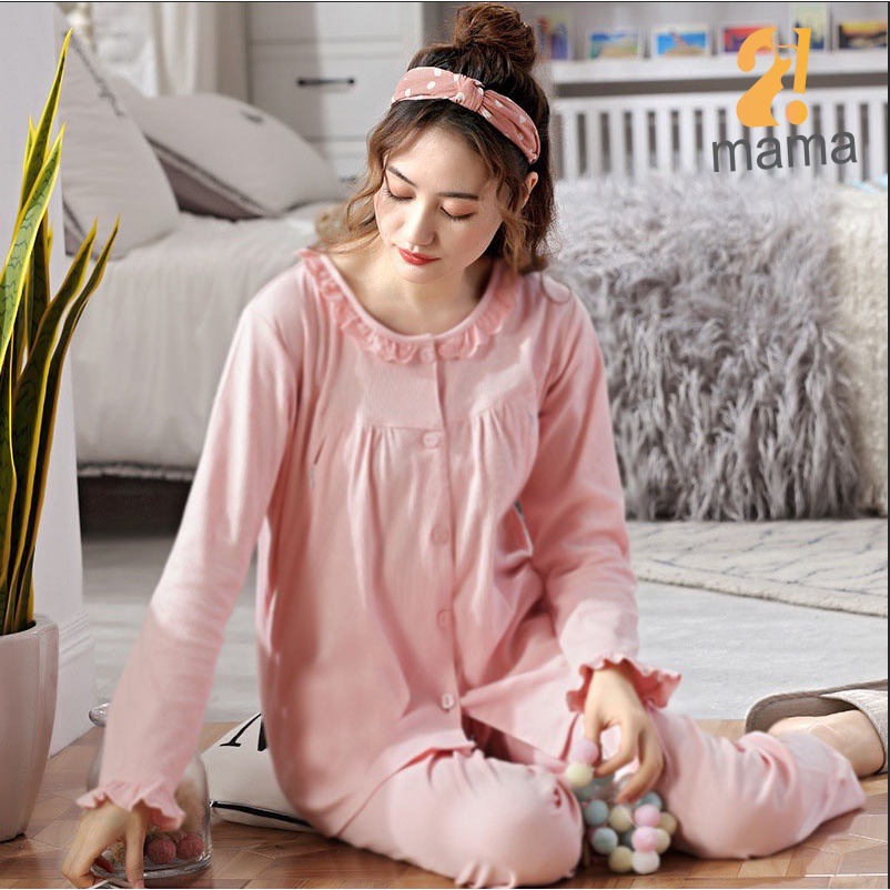 Bộ đồ bầu mặc nhà, sau sinh cotton dài tay cổ bèo trơn 2mama V200