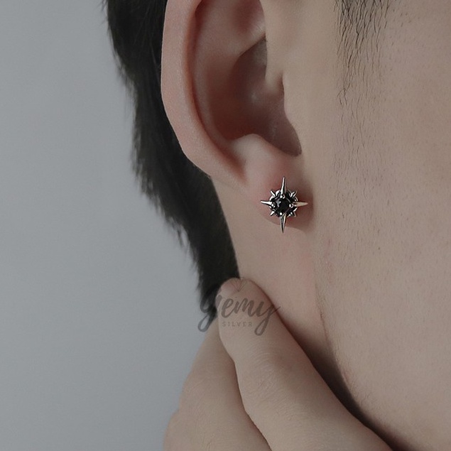 Khuyên tai nam nữ bạc 925 đính đá đen Dark King cá tính  unisex (1 chiếc) | GEMY SILVER KN32