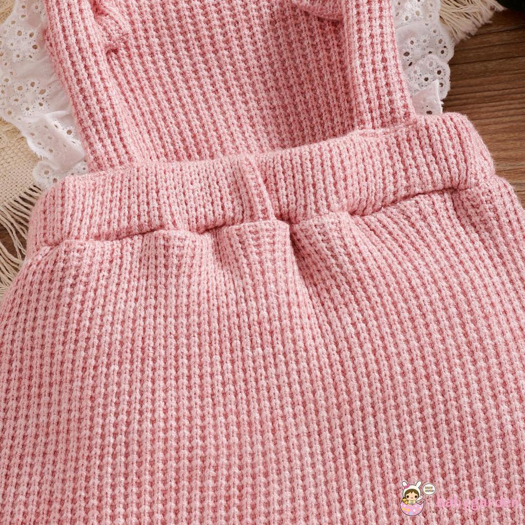 Set áo liền quần dệt kim sát nách phối bèo đính nơ màu sắc tương phản kèm mũ xinh xắn cho bé gái 0-18 tháng tuổi