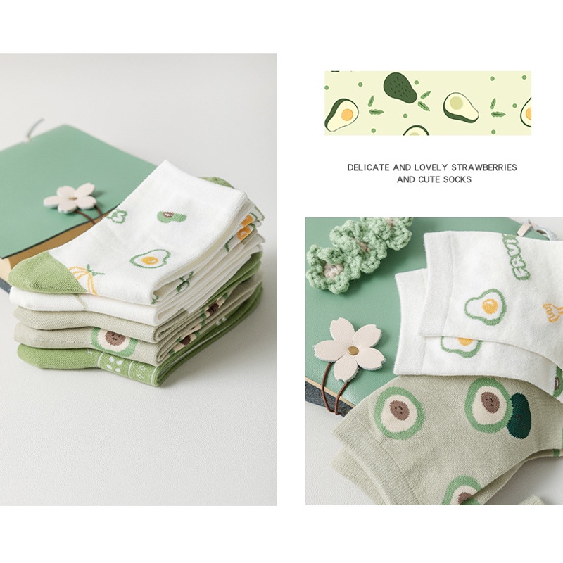 Tất vớ trắng nữ cổ cao thời trang HANASO bộ sưu tập trái bơ dễ thương chất cotton co giãn thoáng khí hợp mùa hè TD043