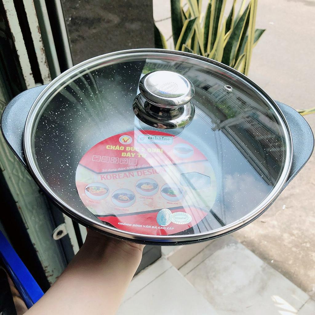 Chảo vân đá đúc 2 quai nắp kính tithafac 24cm - chảo 2 quai