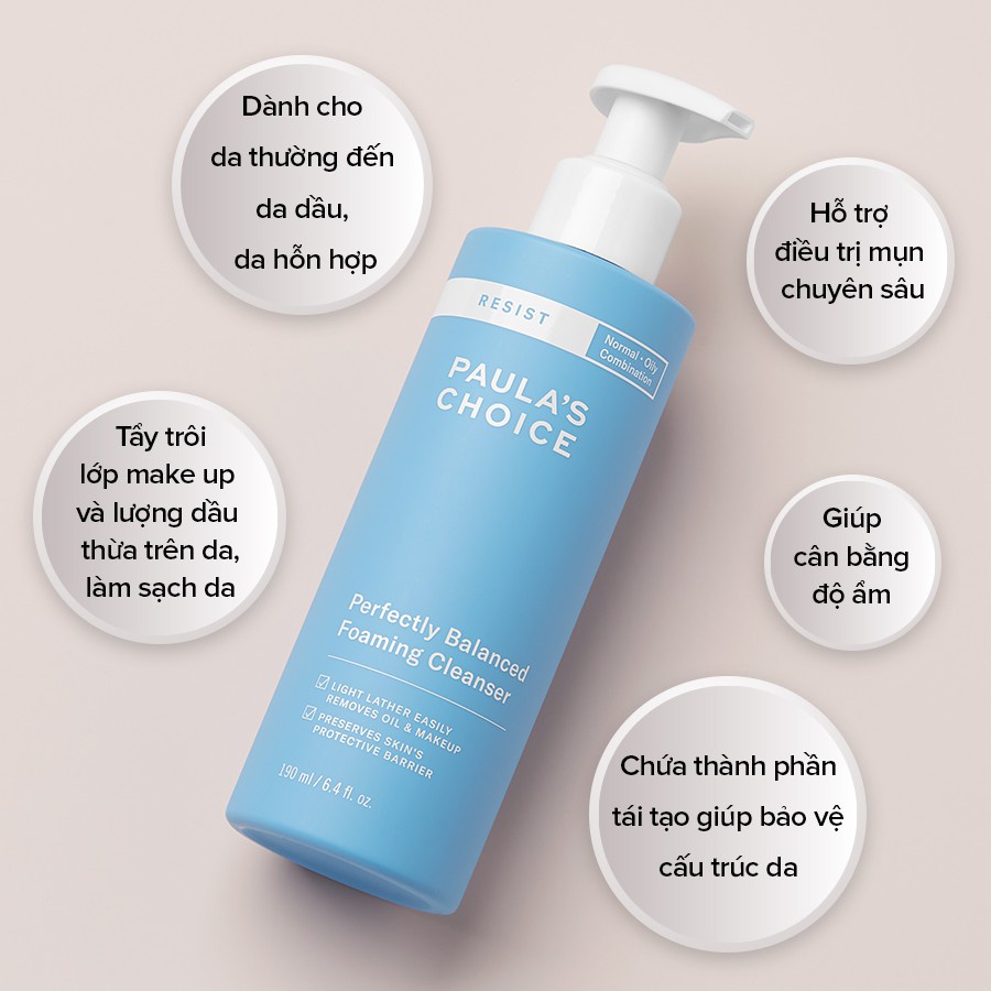 Sữa Rửa Mặt Dạng Bọt Dịu Nhẹ Cân Bằng Da Hoàn Hảo Paula's Choice Resist Perfectly Balanced Foaming Cleanser 190ml