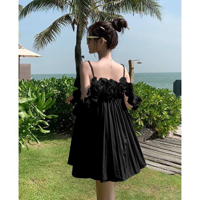 SUV005 Váy 2 dây viền bèo dáng xòe xếp ly Đầm nữ trắn đen 2s đi chơi tiệc sexy babydoll cute tiểu thư bánh bèo công chúa