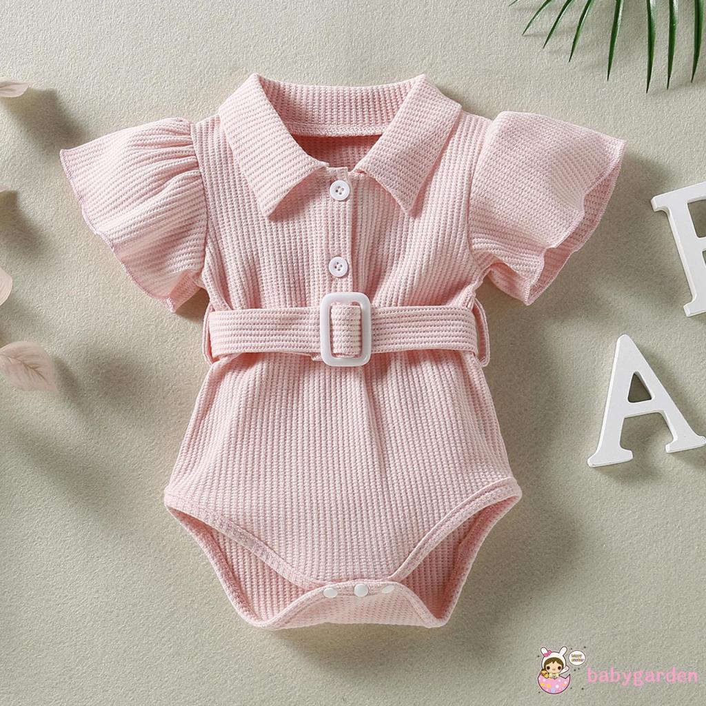Bộ Áo Liền Quần Cổ Bẻ Màu Trơn Kèm Thắt Lưng Thời Trang Mùa Hè Cho Bé Gái 0-24 Tháng Tuổi